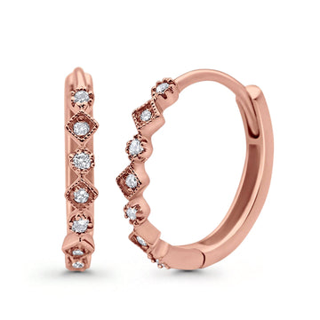 14K Rose Gold Art Deco Round Simulated Cubic Zirconia Huggie Hoop Earrings